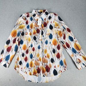 NWT ShallWe Women Medium Autumn Leaf Print Collared Button Down Blouse Colorful